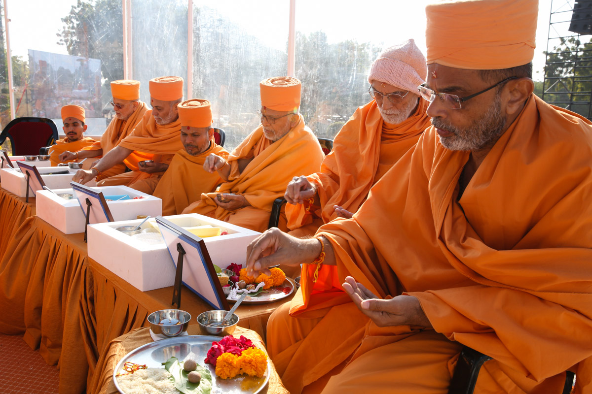 Senior sadhus perform the mahapuja rituals