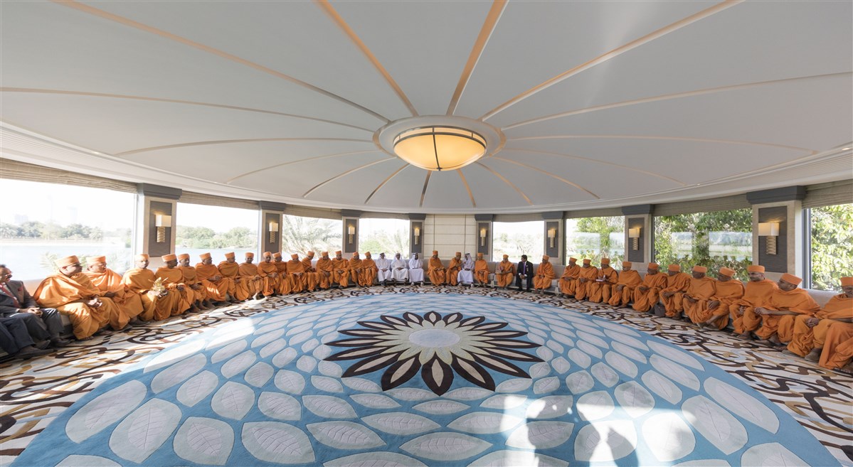 HE Sheikh Nahyan bin Mubarak Al Nahyan welcomes HH Mahant Swami Maharaj, Dr B.R. Shetty and 50 BAPS sadhus in his royal majlis in Abu Dhabi