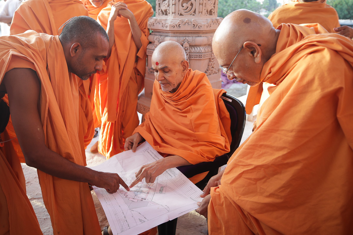 Swamishri views the mandir plans