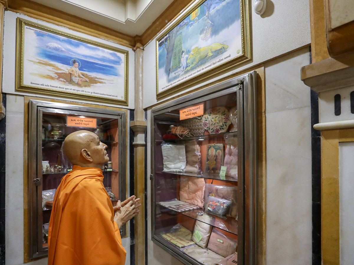 Swamishri observes a photo in the rang mandap