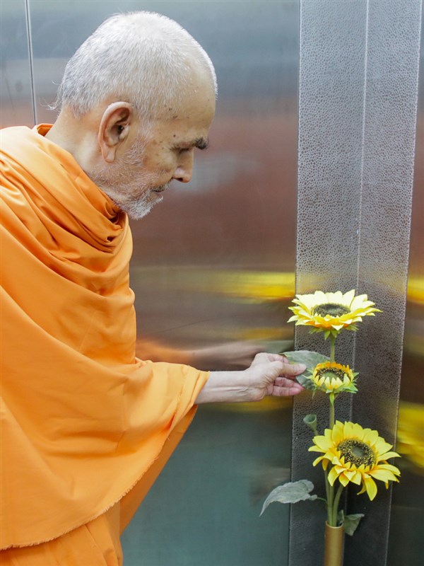Param Pujya Mahant Swami Maharaj observes a flower decoration