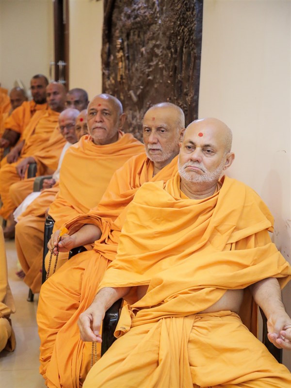 Pujya Viveksagar Swami and sadhus doing Swamishri's puja darshan 