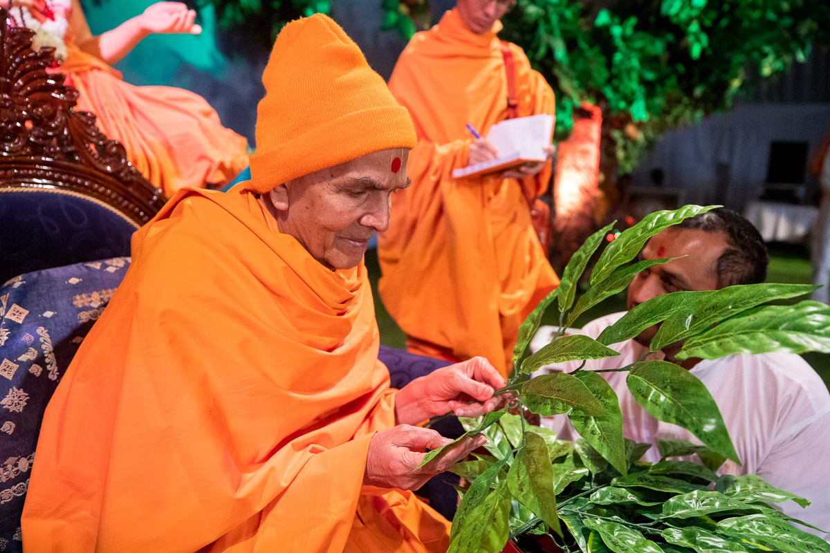Swamishri reads virtues written on leaves