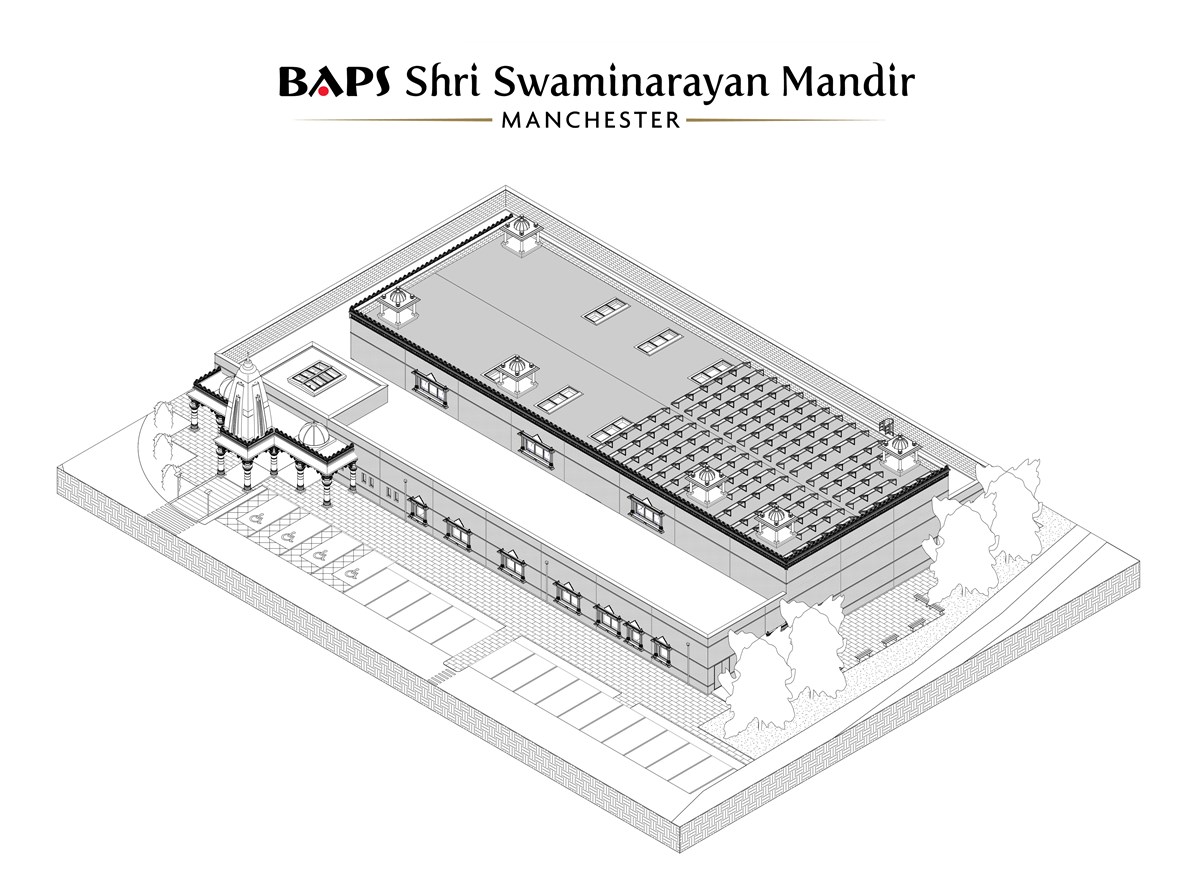 BAPS Shri Swaminarayan Mandir, Manchester - north east 3D view