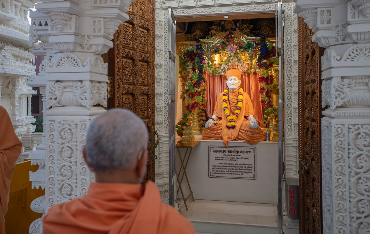 Swamishri engrossed in darshan of Brahmaswarup Shastriji Maharaj