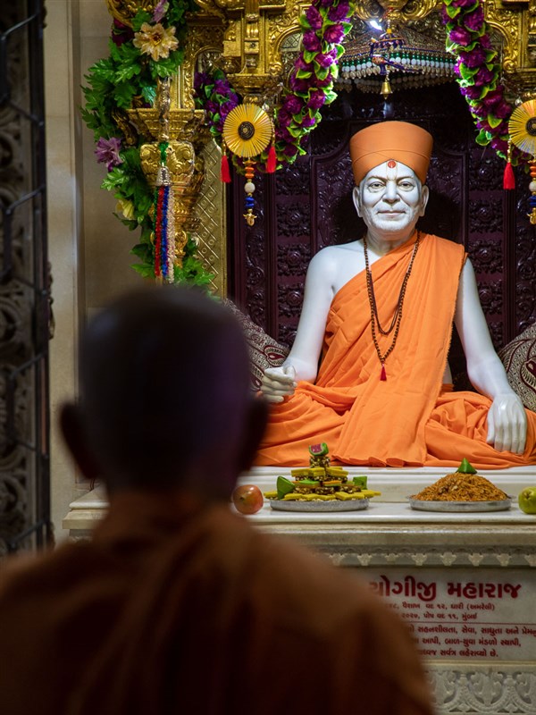 Swamishri engrossed in darshan of Brahmaswarup Yogiji Maharaj