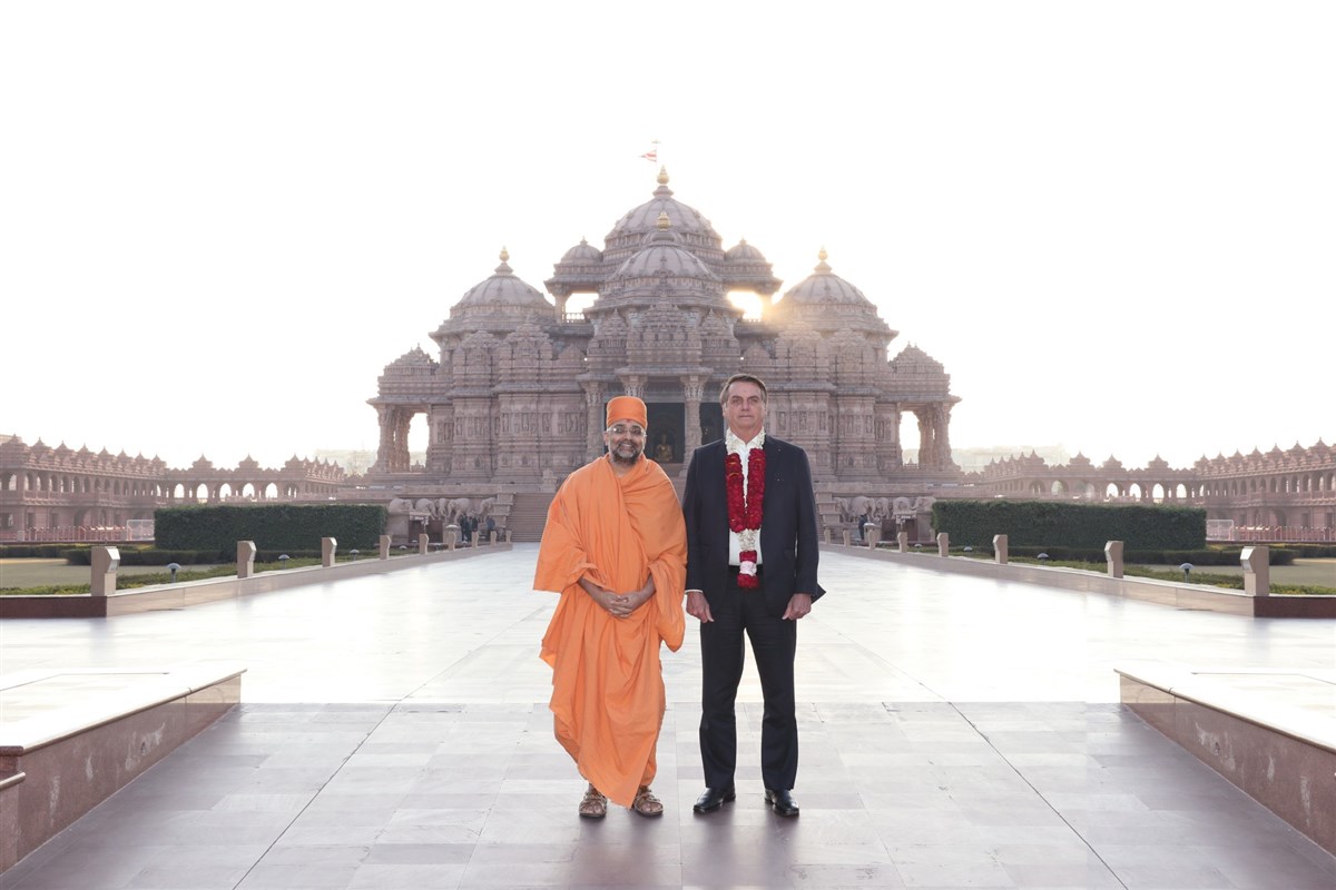 Brazilian President Jair Bolsonaro kicked off his first-ever state trip to India with a visit to Swaminarayan Akshardham in New Delhi