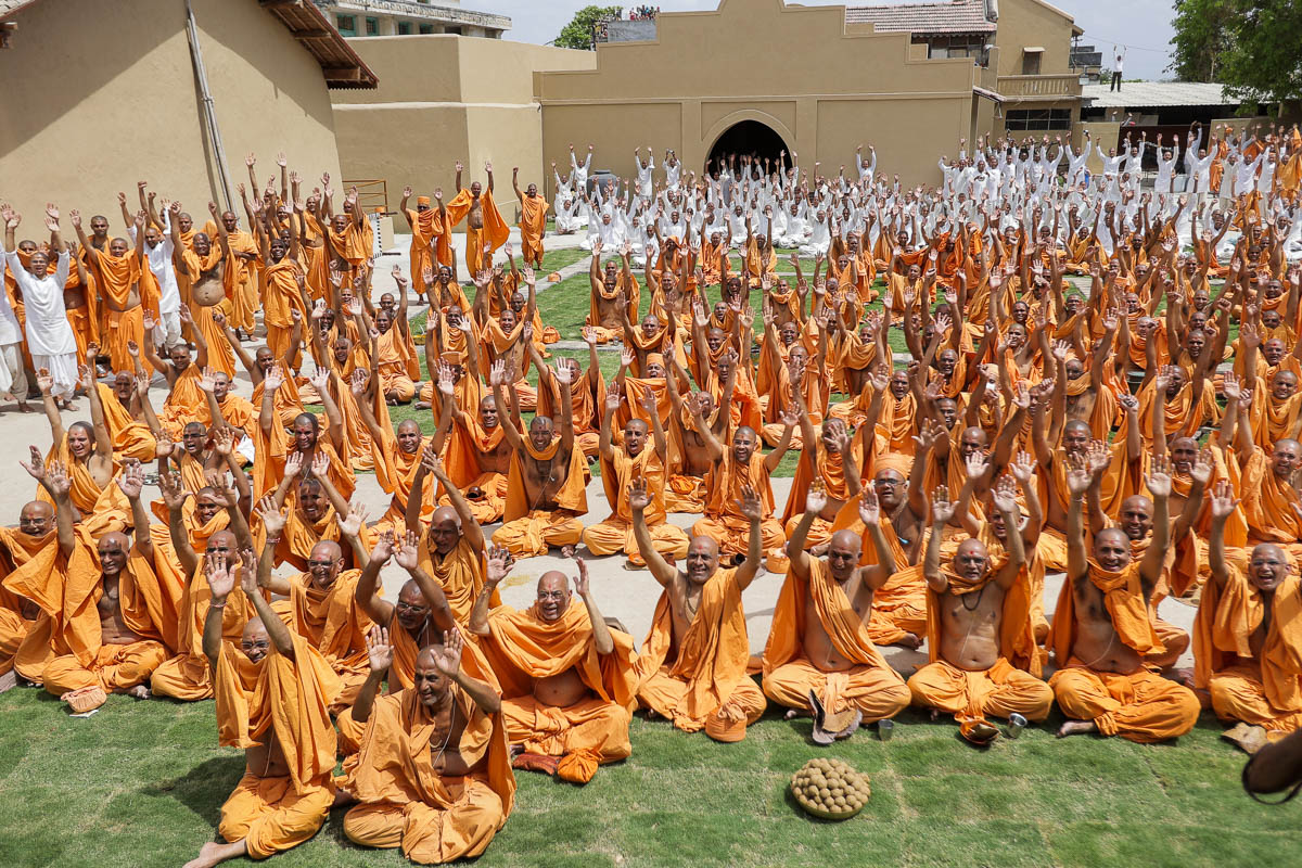 Sadhus wave to Swamishri
