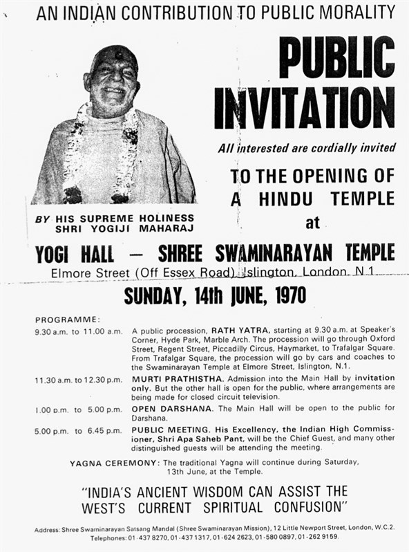 A public invitation is distributed to invite one and all to the historic inauguration of one of the first Hindu temples in the UK and the very first Swaminarayan Hindu mandir in the western hemisphere