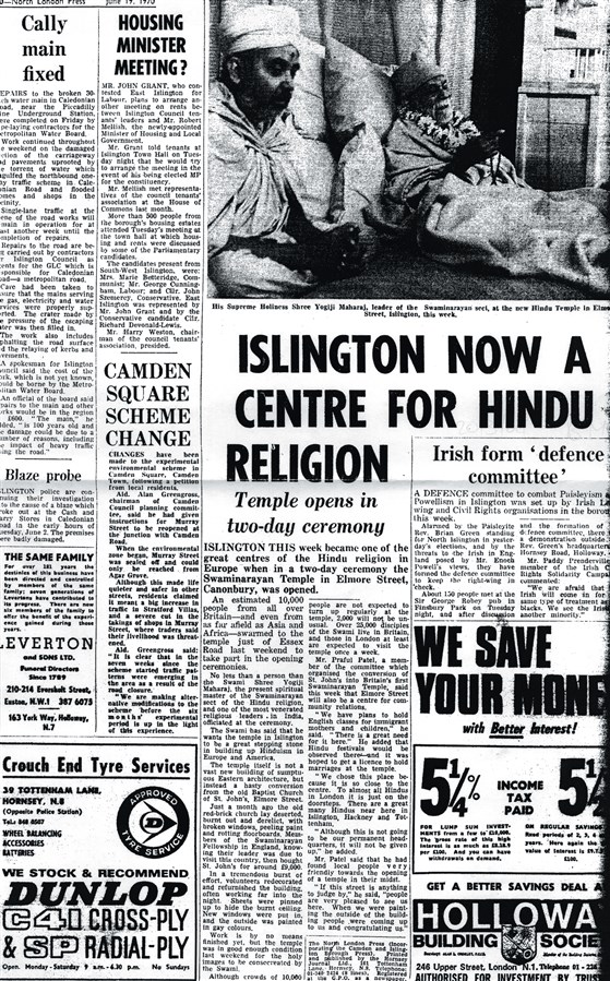 North London Press publishes an article on 19 June 1970 covering the inauguration of the Islington Mandir