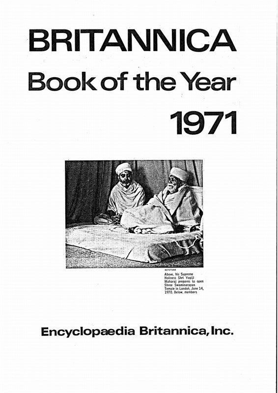 Yogiji Maharaj's visit to the UK featured in Encyclopædia Britannica's annual report book published in 1971