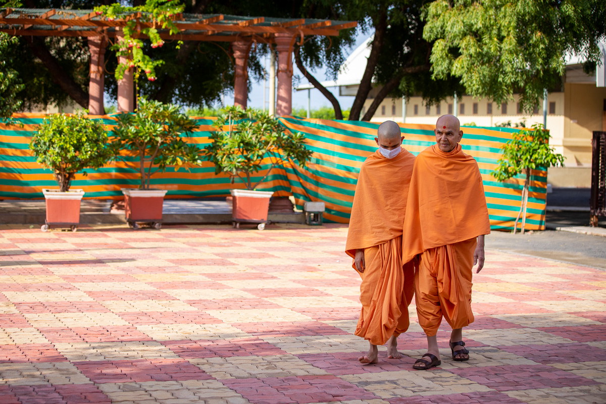 Swamishri on his way for darshan at the mandir in Shantivan