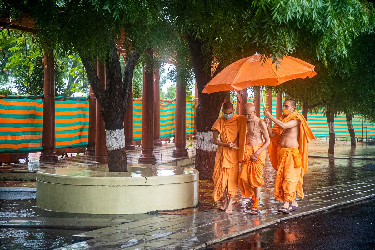 Swamishri walks amidst the rain