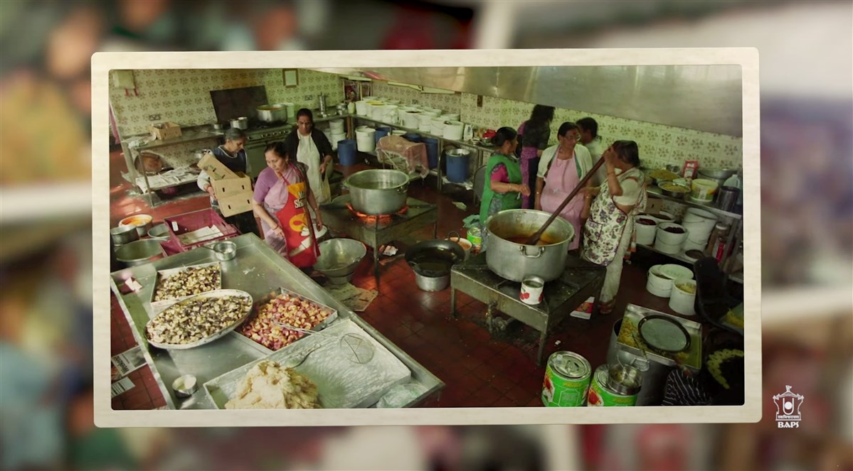 An archive image of mahila devotees involved in kitchen seva at the Meadow Garth hari mandir