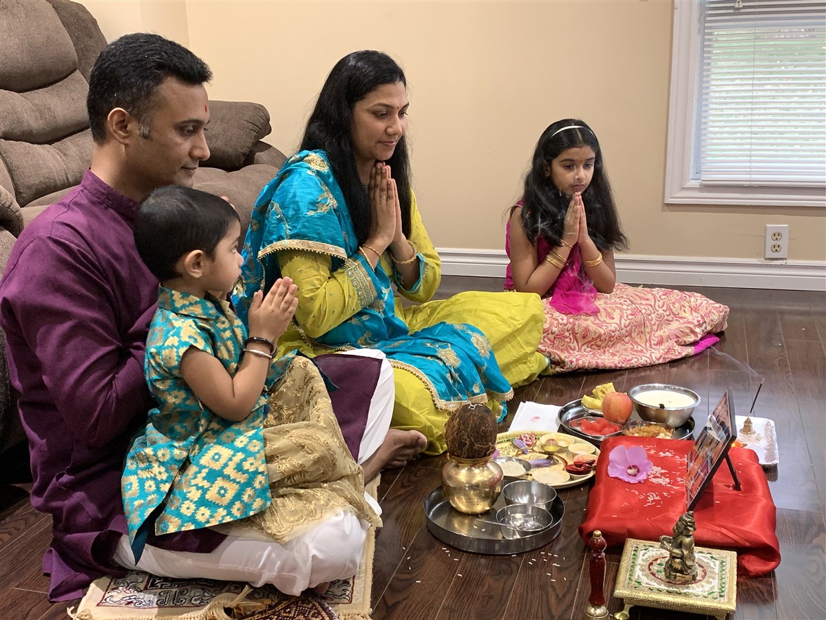 Devotees participating in the Shilayas Vidhi from their home