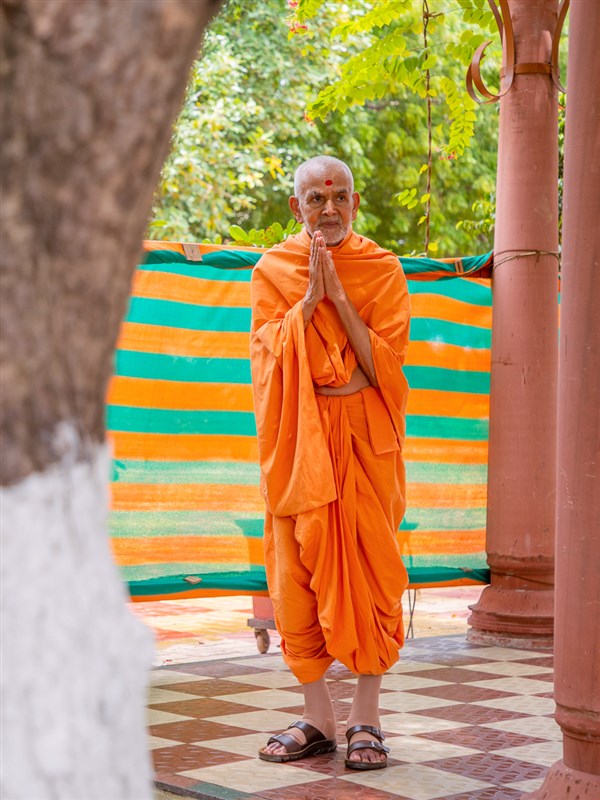 Swamishri greets all with folded hands in the afternoon