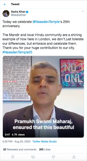 Sadiq Khan, Mayor of London <br>To view video message, please click <a href="https://twitter.com/SadiqKhan/status/1296477095091212290?s=19" target="blank" style="text-decoration:underline; color:blue;">here</a>