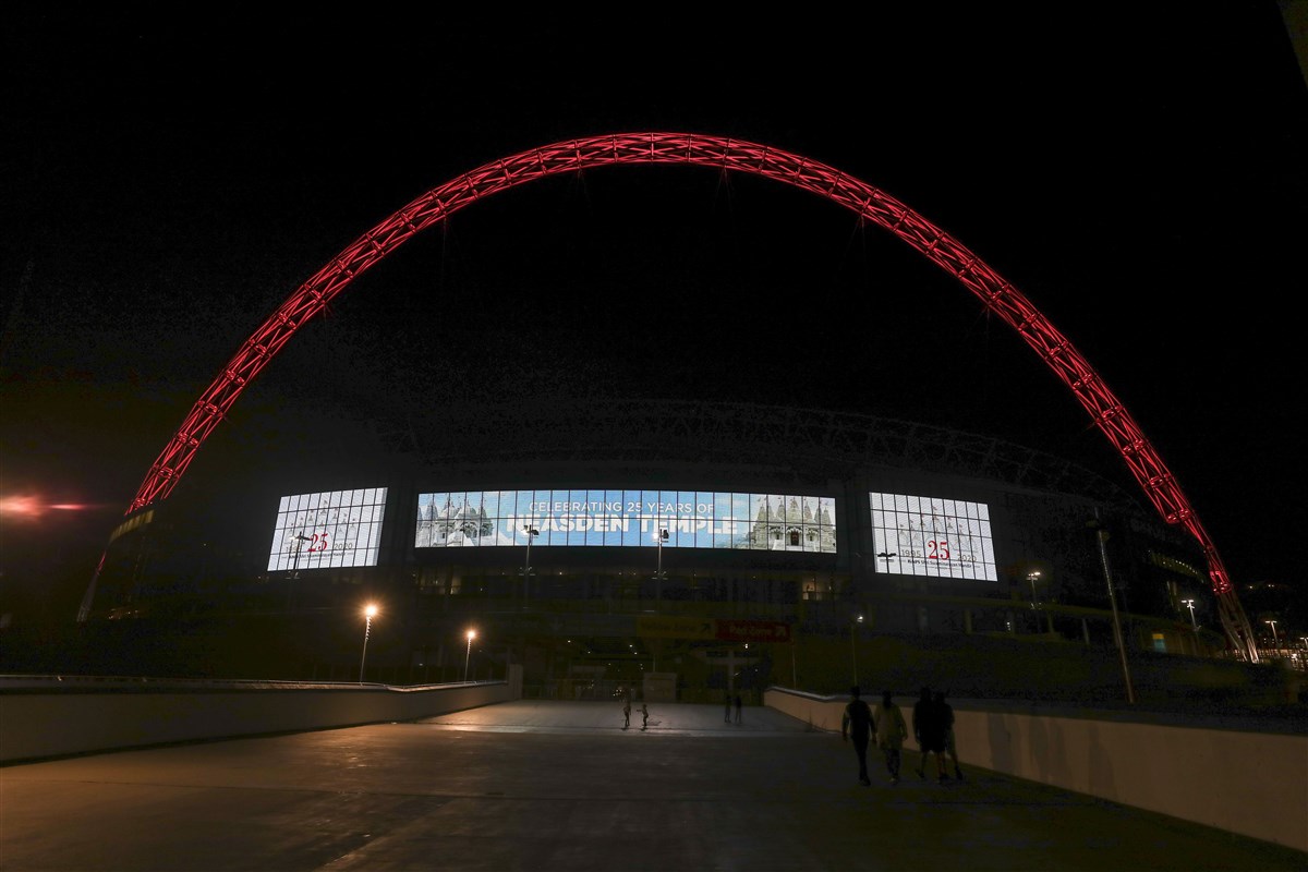 Wembley Stadium lit up its famous arch and displayed a congratulatory message across its screens