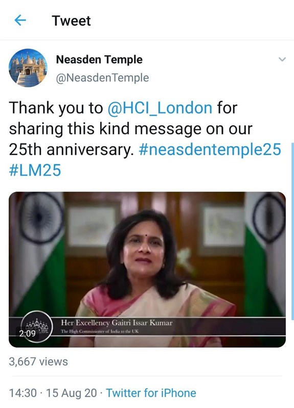 HE Gaitri Issar Kumar, The High Commissioner of India to the UK <br>To view video message, please click <a href="https://twitter.com/NeasdenTemple/status/1294627510270005248?s=19" target="blank" style="text-decoration:underline; color:blue;">here</a>
