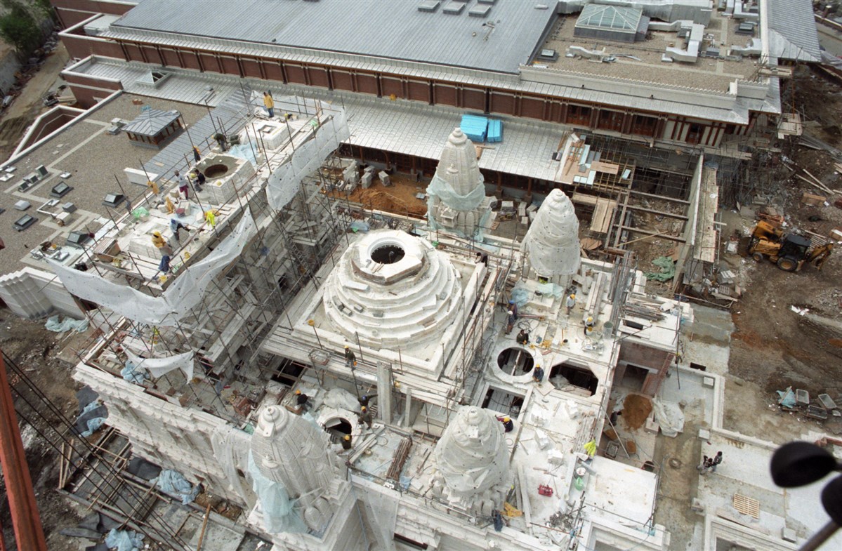 An aerial view of the mandir under construction in 1995