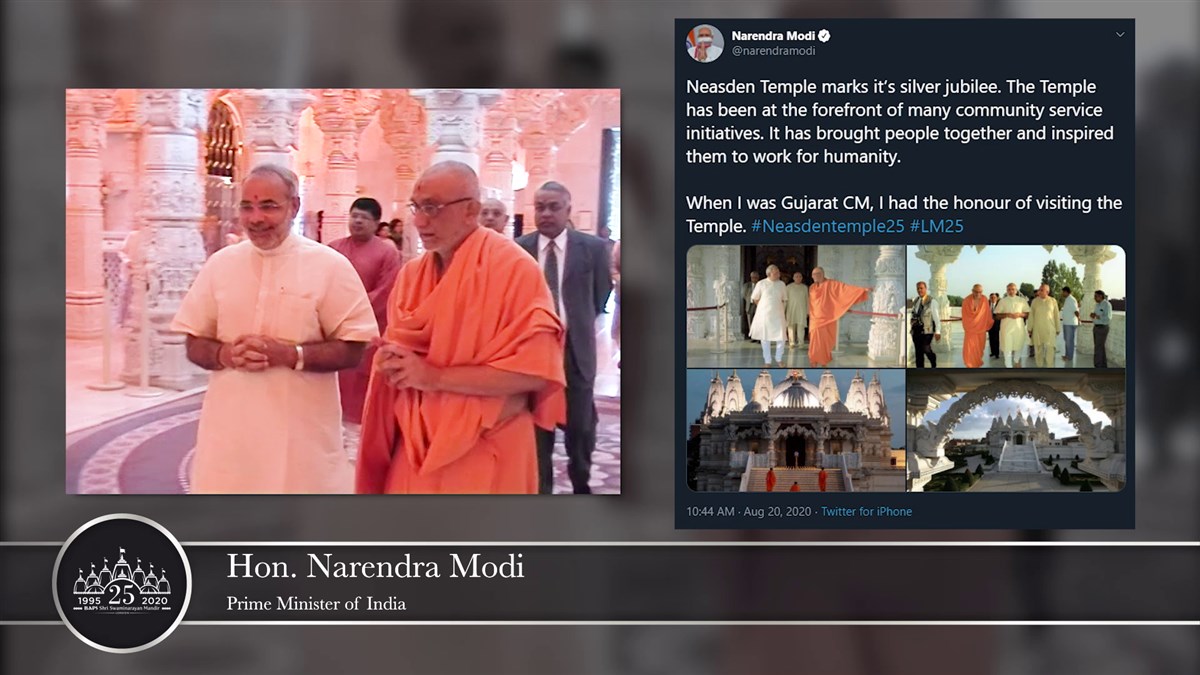 Hon. Narendra Modi recalls his visit to the mandir and pays tribute to the various community service initiatives the mandir has spearheaded over the past 25 years