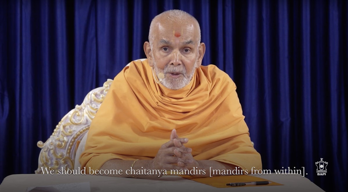 Mahant Swami Maharaj delivers the concluding address of the London Mandir 25th Anniversary Celebrations, stating that the true way to benefit from the mandir and these celebrations is to become mandirs from within (chaitanya mandirs)