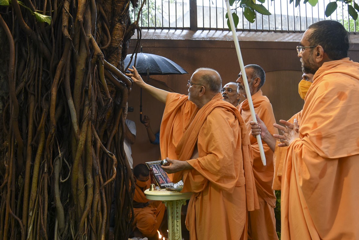 Pujya Ishwarcharan Swami performs pujan of the Banyan Tree