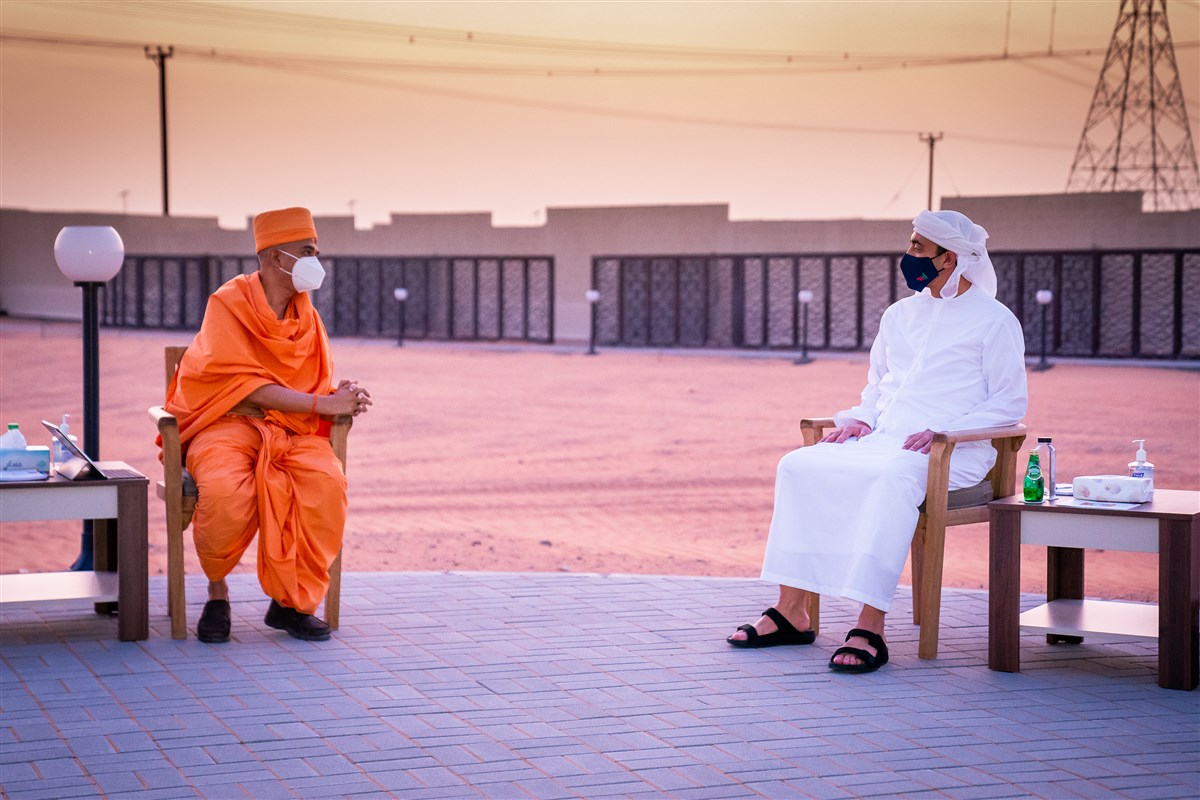 HRH Sheikh Abudullah and Brahmavihari Swami discuss the upcoming BAPS Hindu Mandir in Abu Dhabi