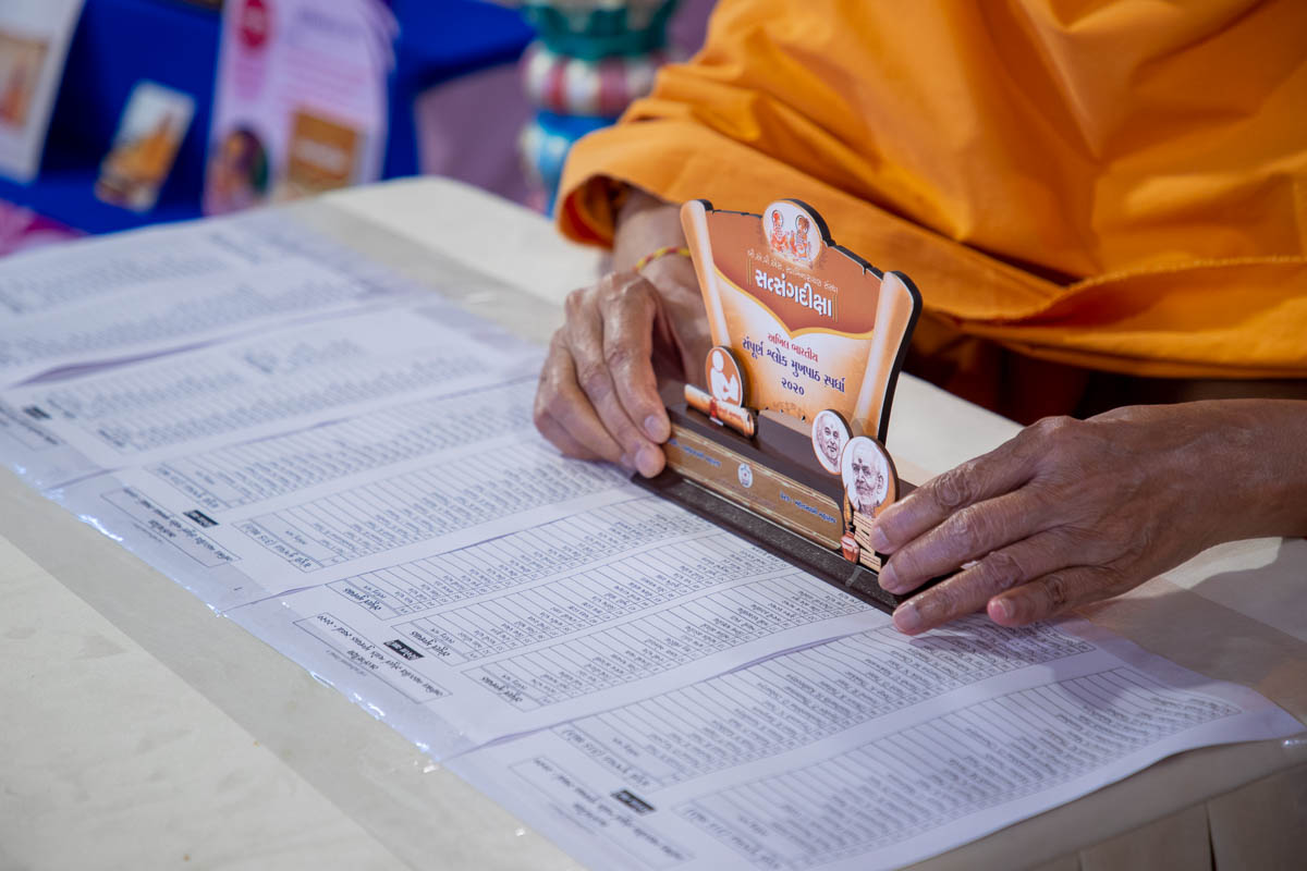 Swamishri presents the trophy to each youth by passing it over their names