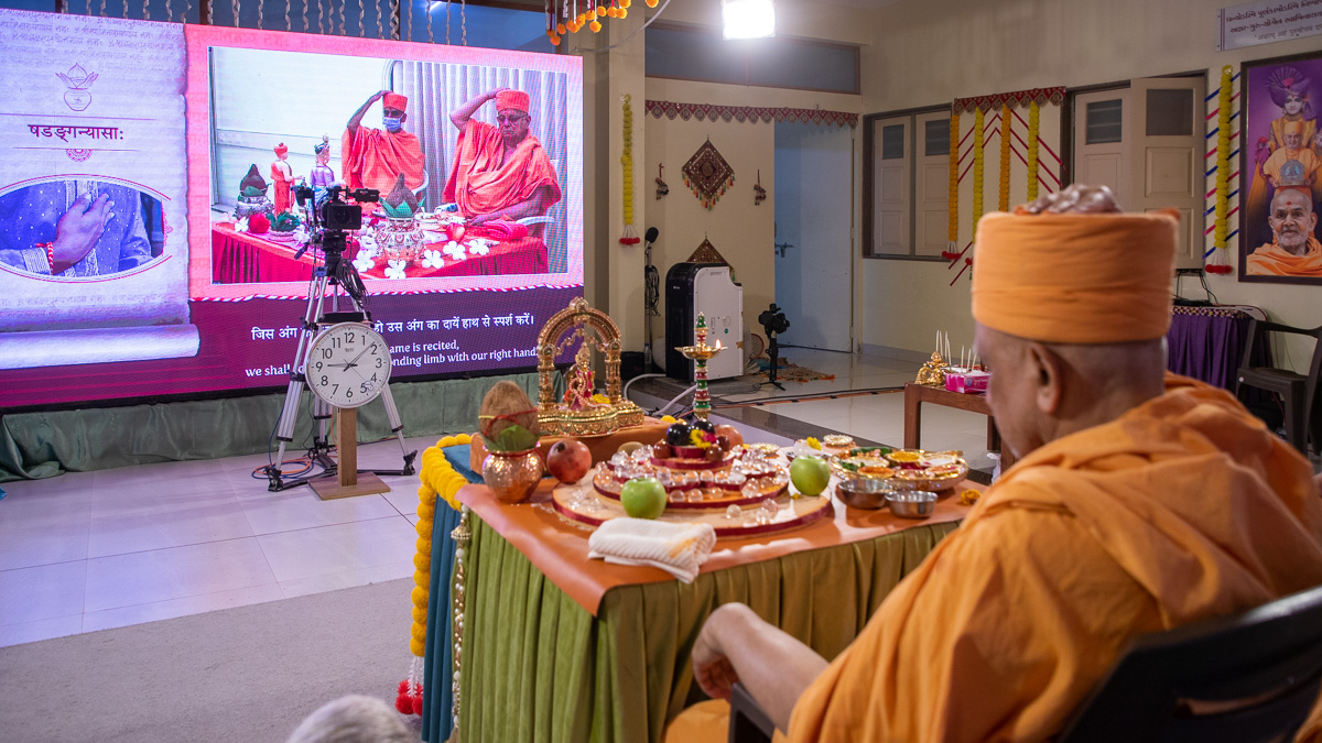 Sadhus and devotees worldwide performed the mahapuja at mandirs and homes