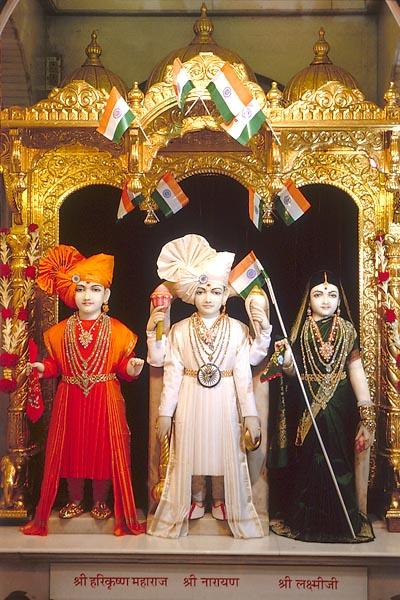  On India�s Independence Day celebration Thakorji is donned in the tricolours of the India flag