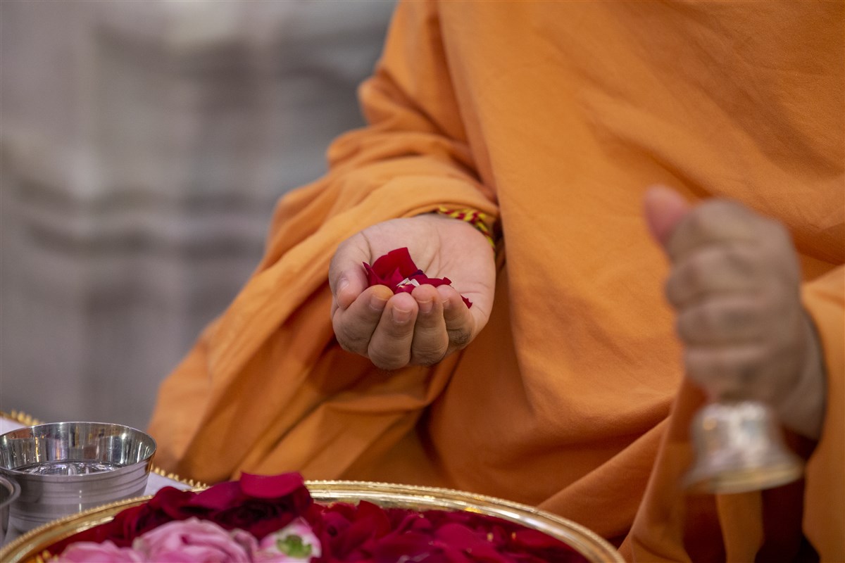 Swamis honoured Bhagwan and the gurus with flower petals and rice grains