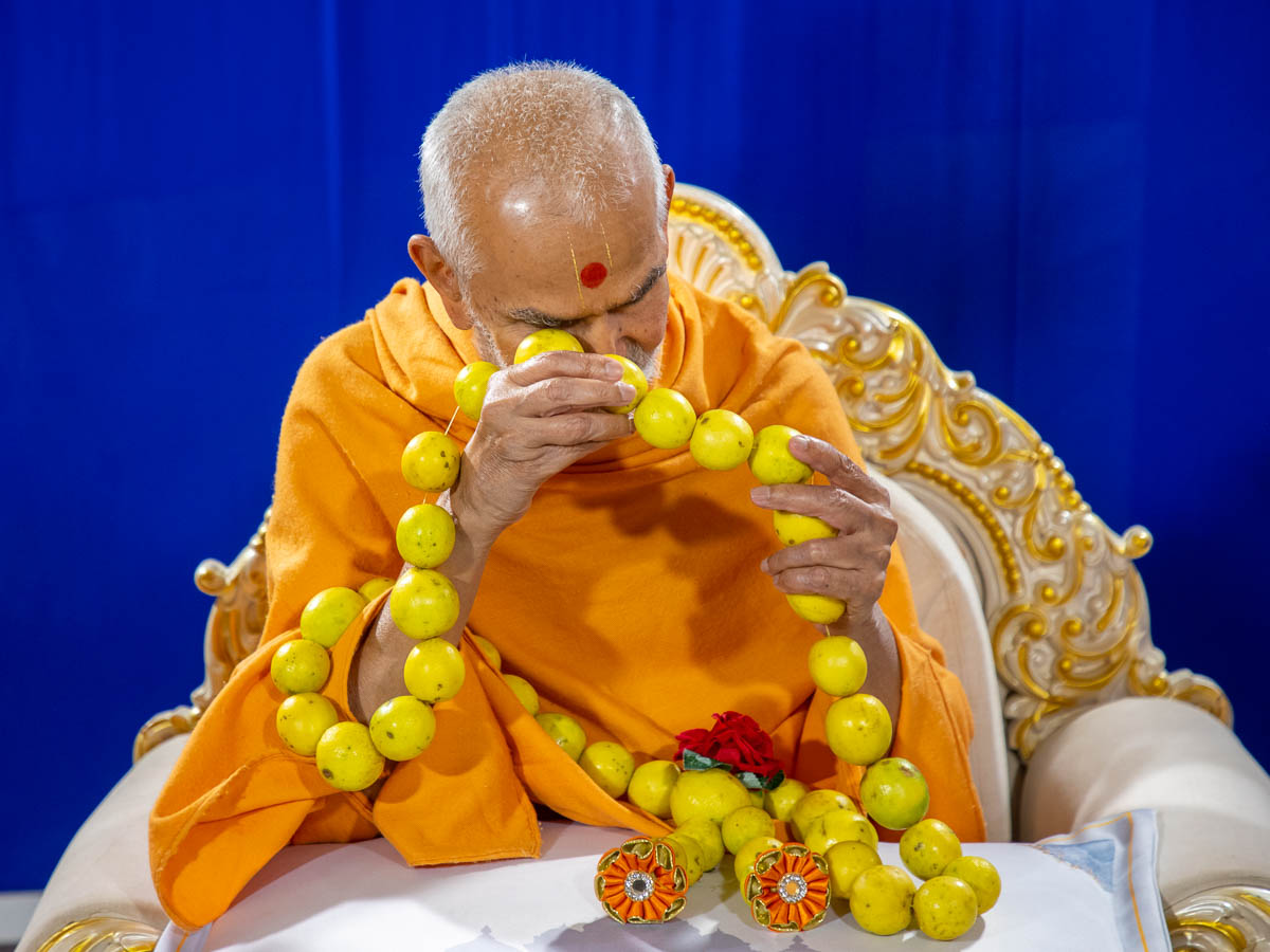 Swamishri sanctifies a lemon garland