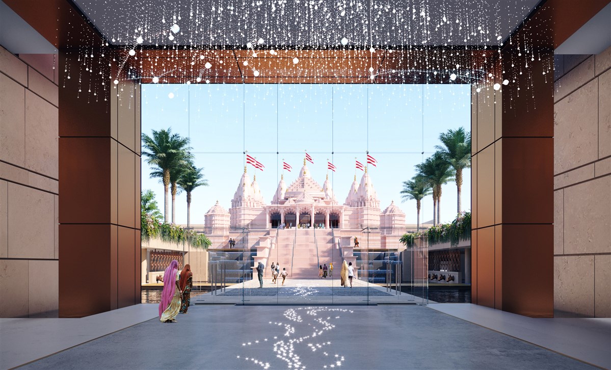 The interior design concept of the visitor's pavillion at the upcoming BAPS Hindu Mandir in Abu Dhabi
