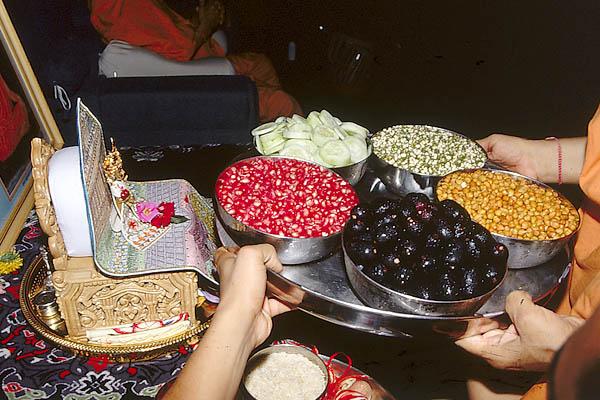 Shri Harikrishna Maharaj is offered grams, mung, jambu and pomegranates on the occasion of Rath Yatra festival