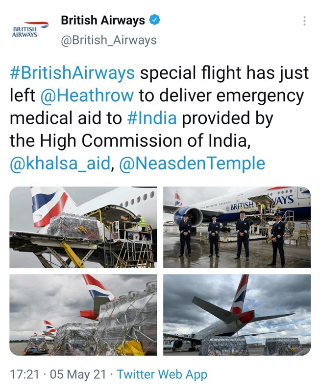 British Airways tweeted about the special relief flight as it departed from London on Wednesday 5 May 2021