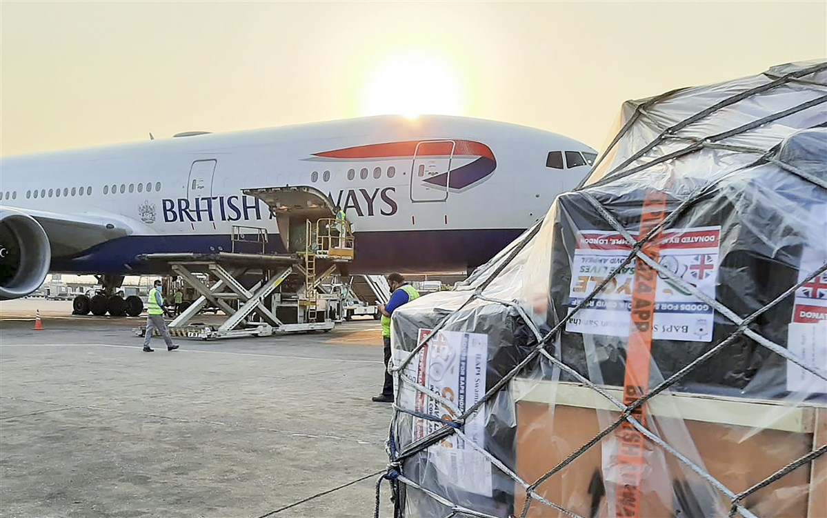 A special relief flight to India by British Airways included 54 oxygen concentrators and other emergency medical supplies donated by BAPS UK