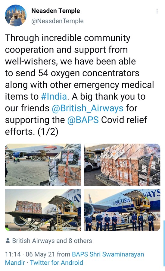 Neasden Temple thanked British Airways and many others for their role in helping life-saving medical aid reach the front line in India