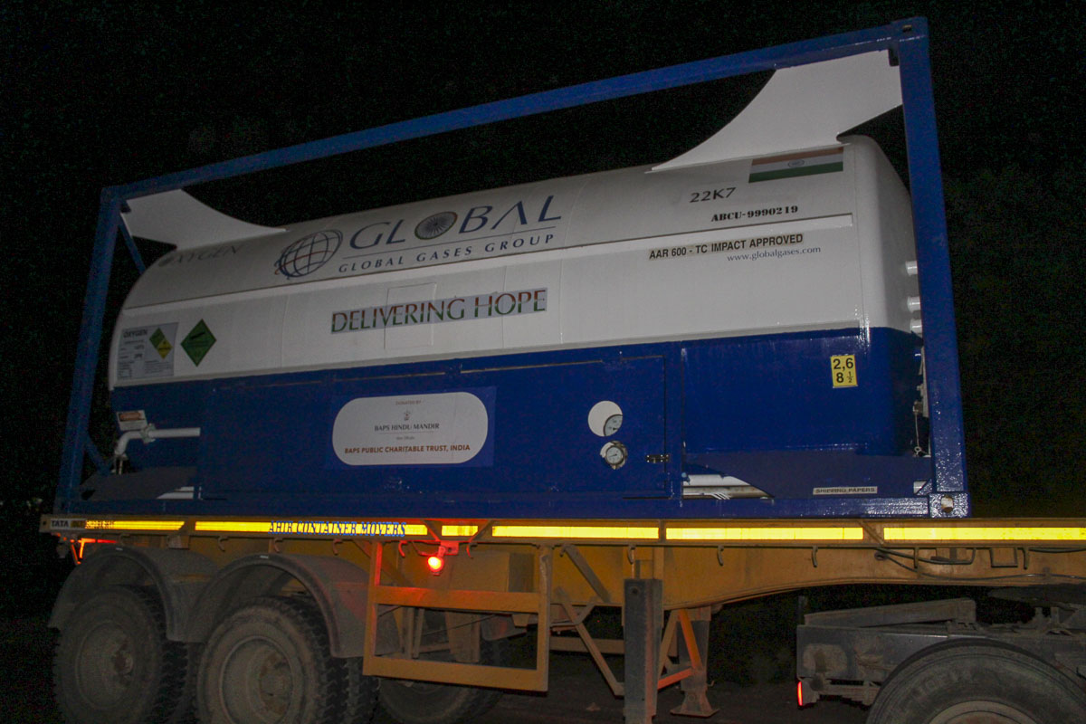 Liquid oxygen container sent from BAPS Hindu Mandir, Abu Dhabi, at Morbi, India