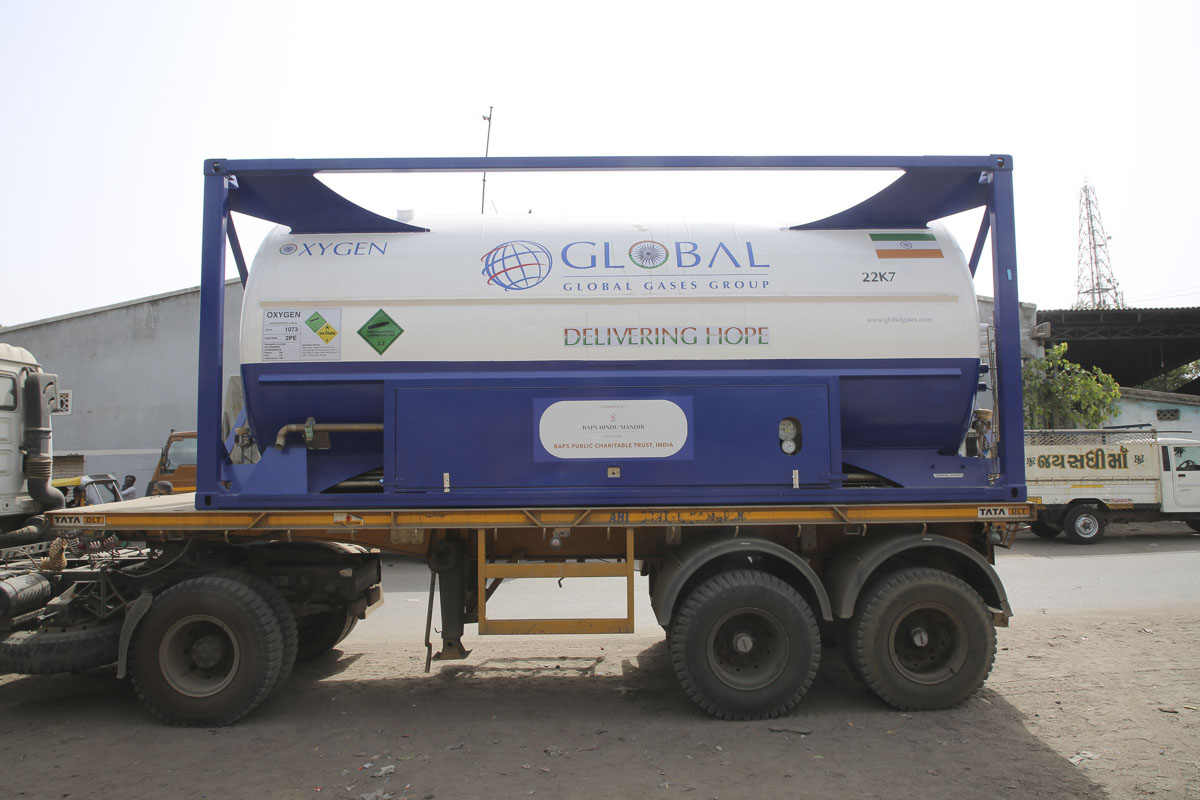 Liquid oxygen container sent from BAPS Hindu Mandir, Abu Dhabi, at Ahmedabad, India