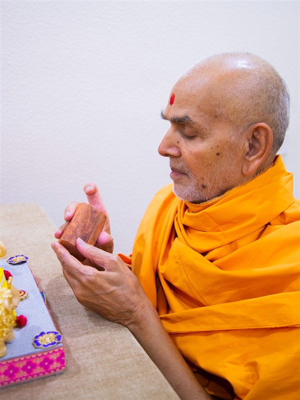 Swamishri inspects a piece of sandalwood