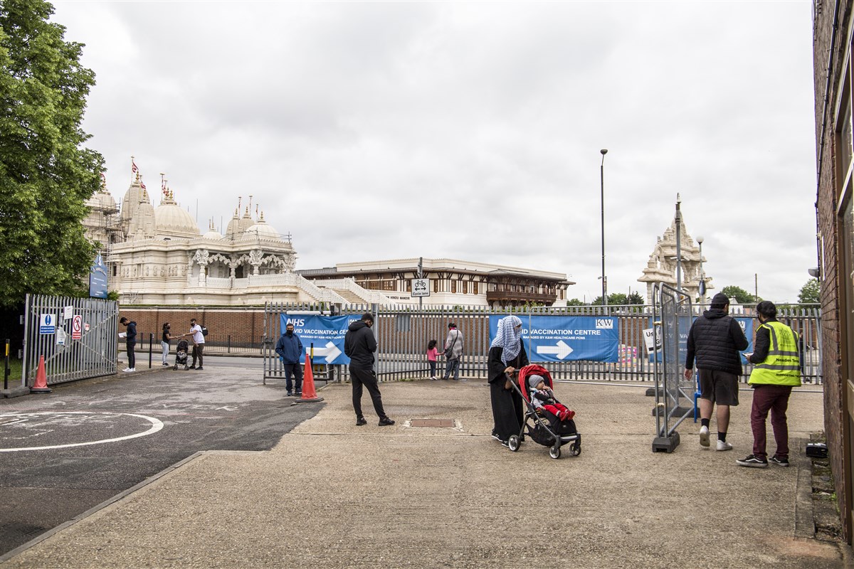 A Covid-19 vaccination centre has been set up opposite  Neasden Temple in London since 2 February 2021