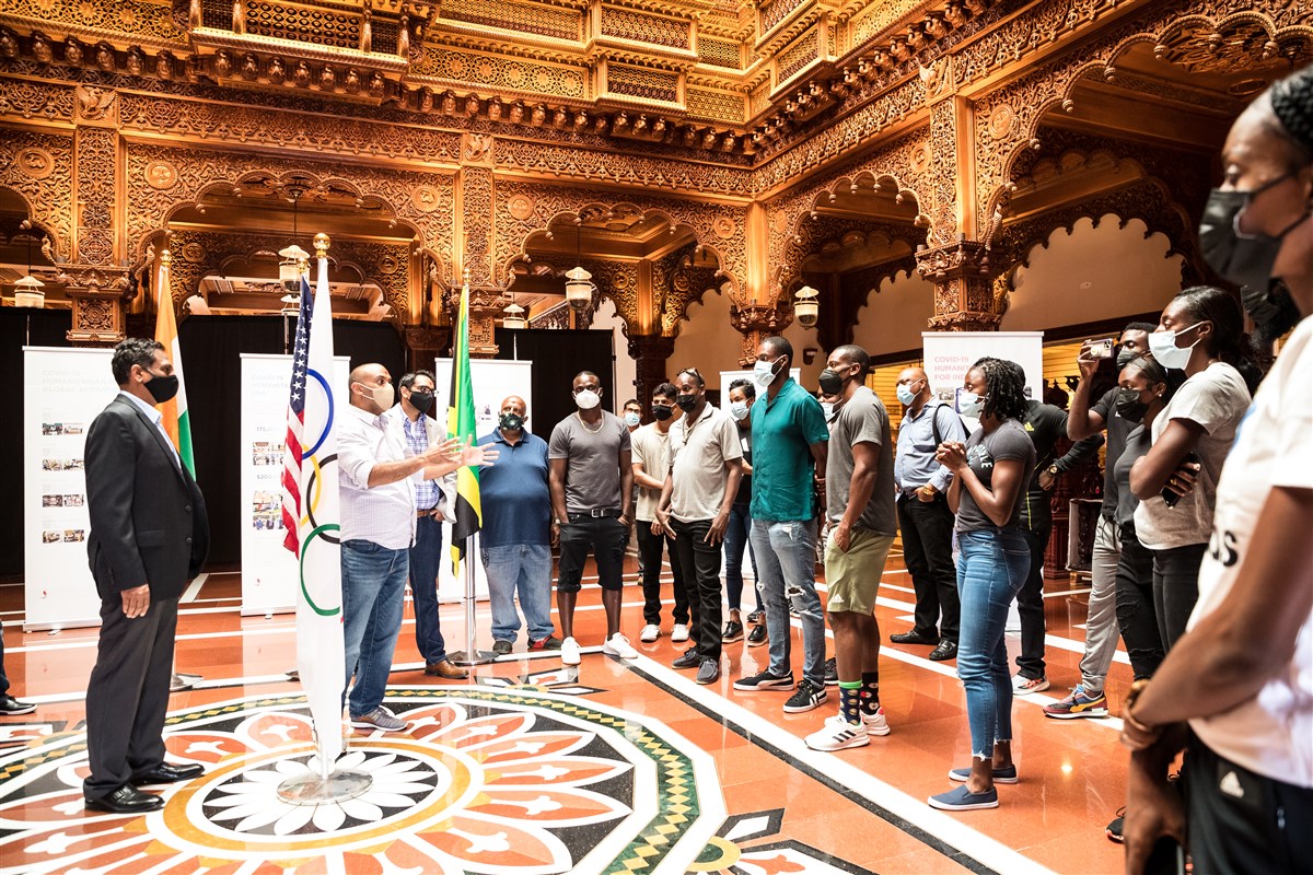 Yohan Blake, Rasheed Dwyer, Jevaughn Minzie, Ronda Whyte, Anastasia Le-roy and other members of the Jamaican Olympic Track team being welcomed to the BAPS Shri Swaminarayan Mandir in Los Angeles, CA