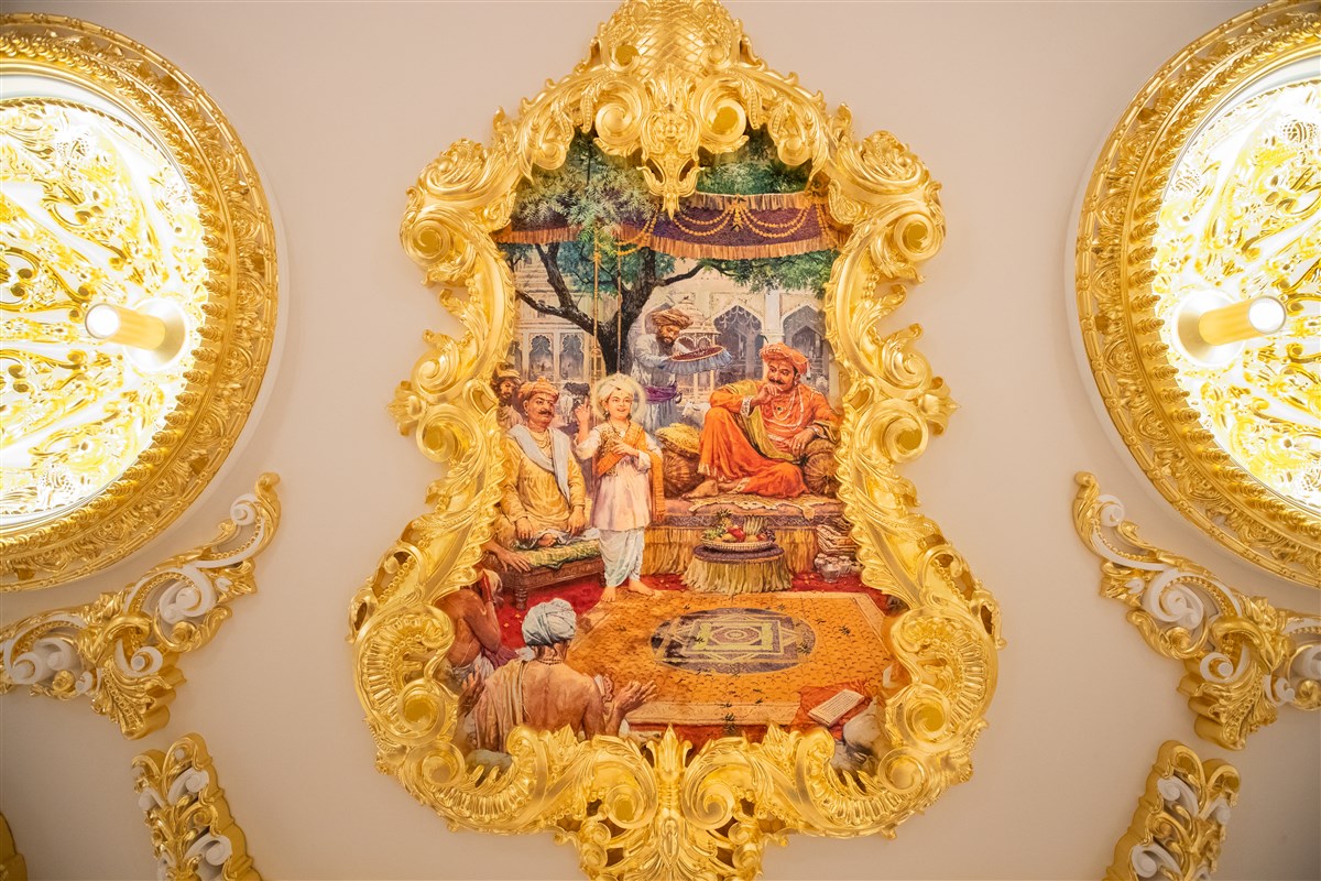 A decorative art painting depicting an event from Bhagwan Swaminarayan's life