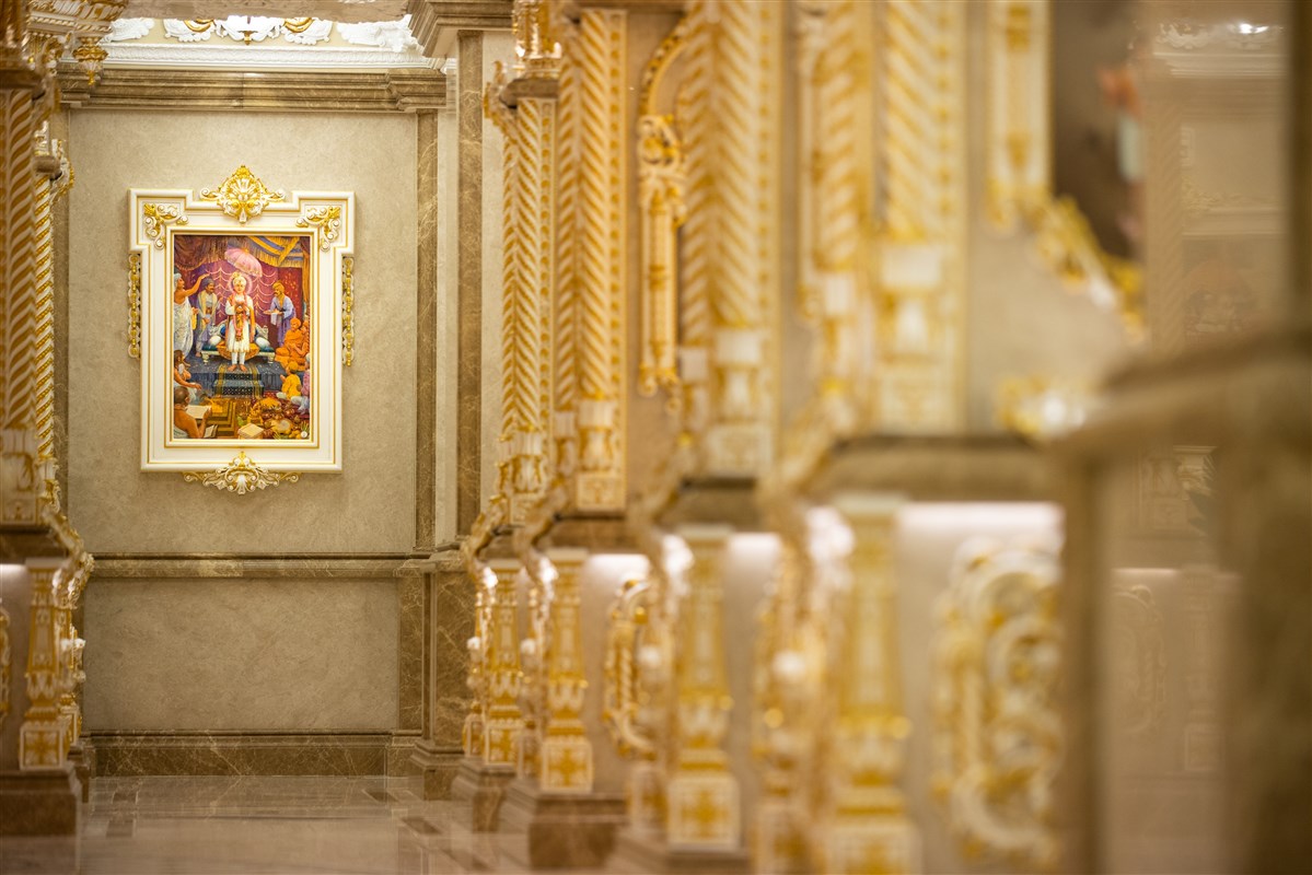A mural depicting Bhagwan Swaminarayan's divine life and work