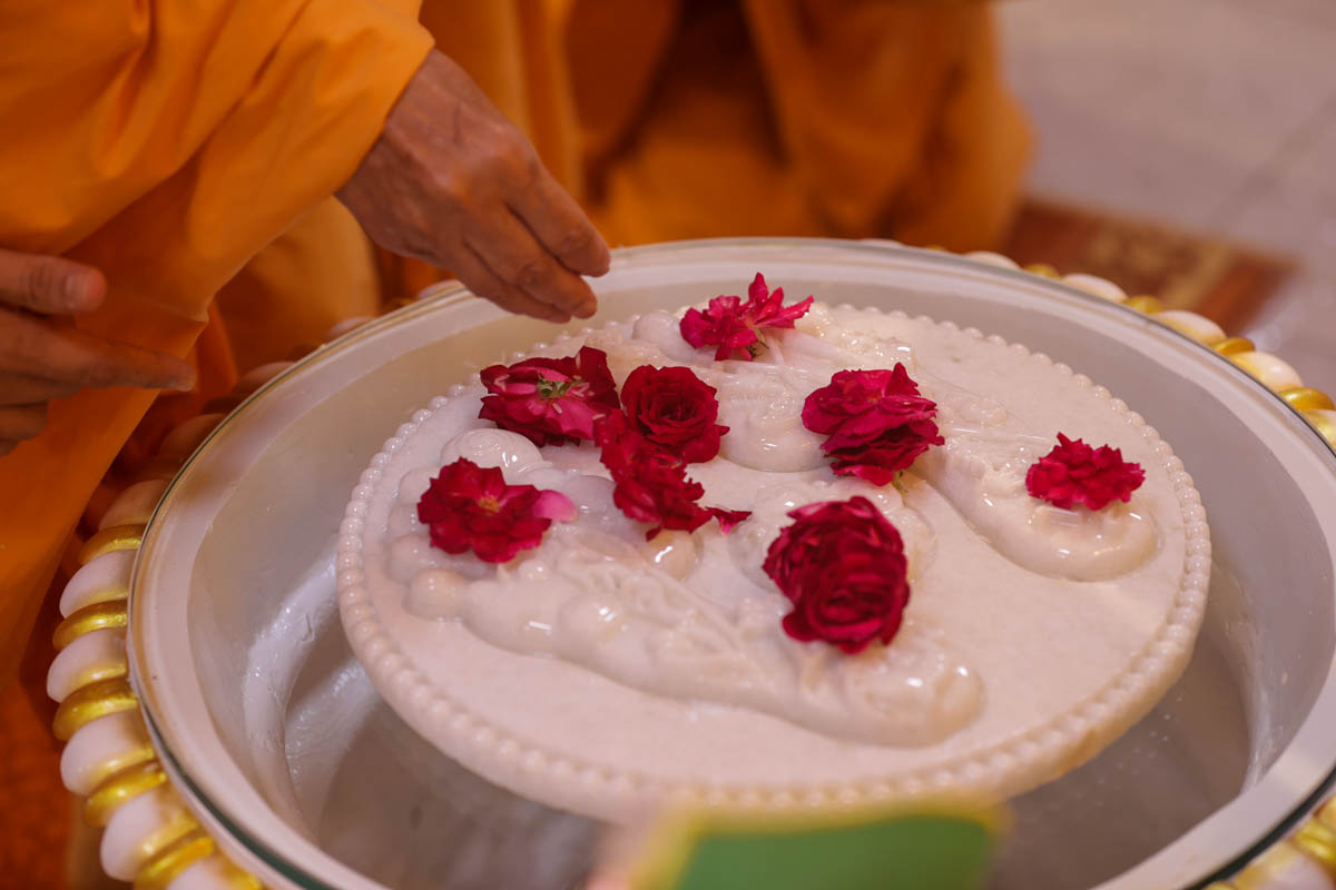 Swamishri showers rice on the charanarvind