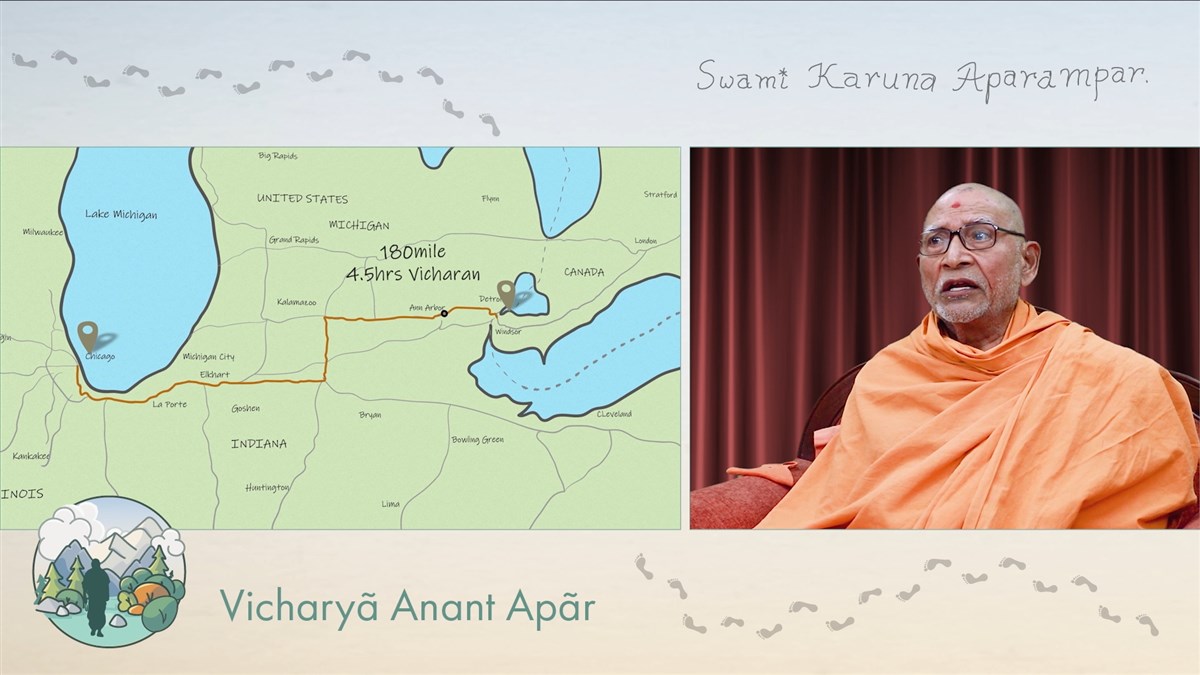 Sadguru Pujya Bhaktipriyadas Swami (Kothari Swami) recounts when Pramukh Swami Maharaj first blessed the nation of Canada in July 1974  by travelling tirelessly for 592 km over a span of 22 hours.