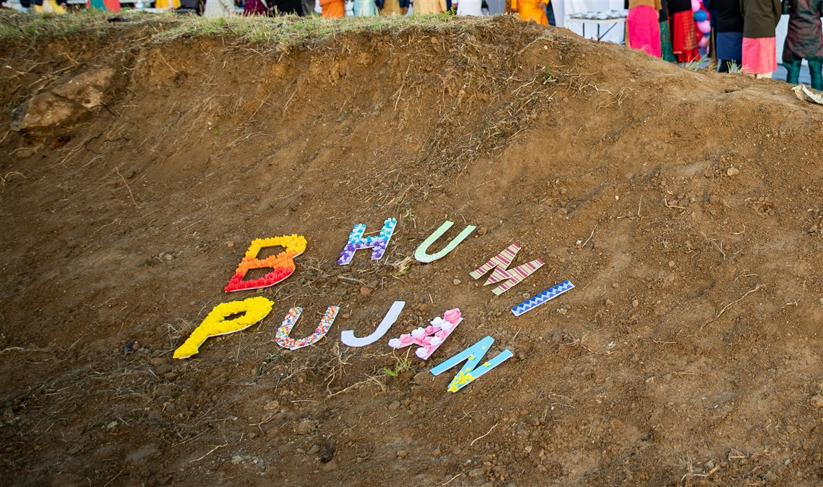 Bhumi pujan is a sacred Hindu ceremony performed before the commencement of a mandir to seek the land’s permission and blessings 
