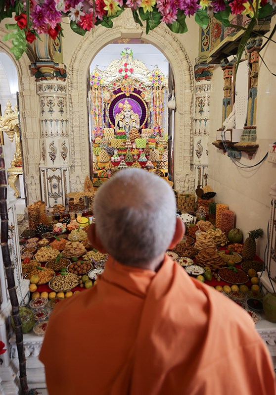 Swamishri doing darshan of annakut offered to Shri Ghanshyam Maharaj