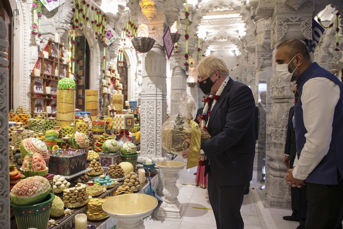 Prime Minister Johnson offered a fruit basket as a part of the annakut offering for the Hindu New Year